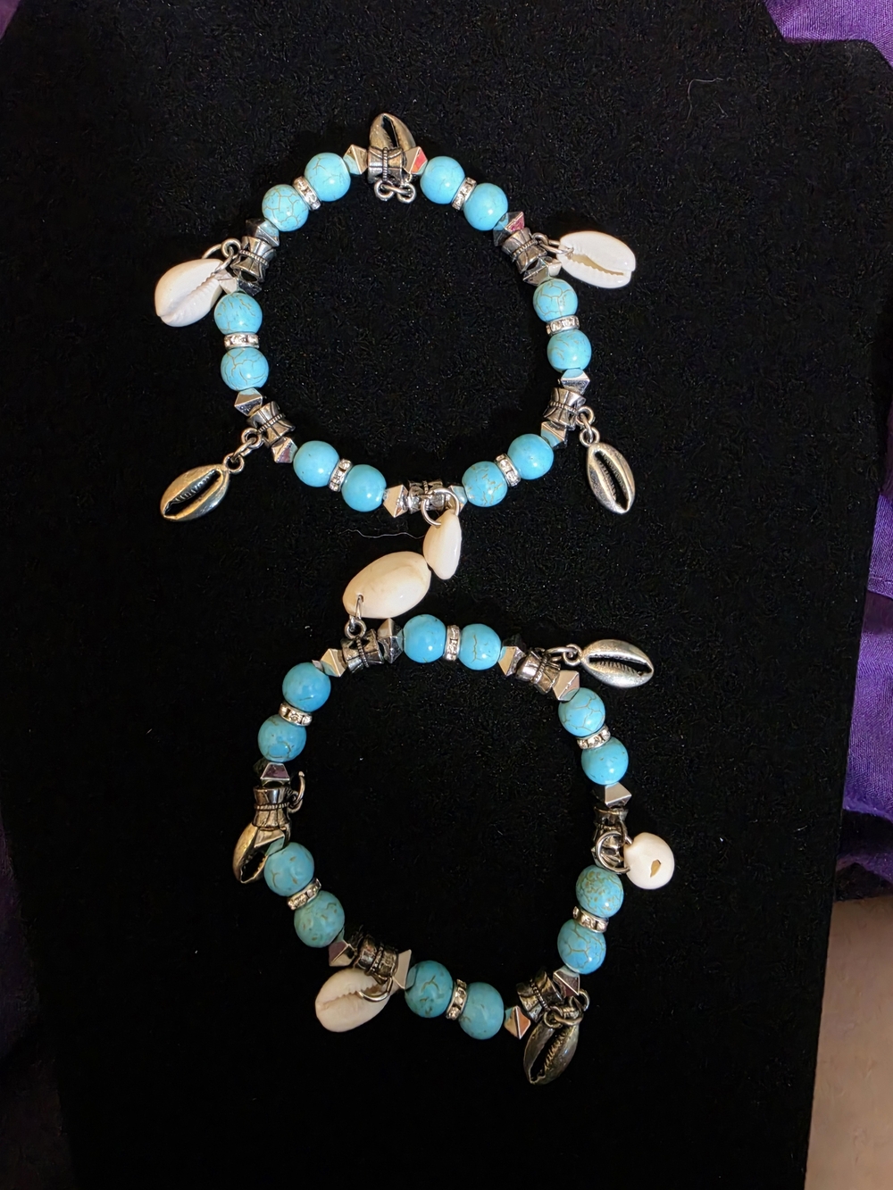 Turquoise Bead & Shell Charm Bracelet - Women Jewelry Set Of 2